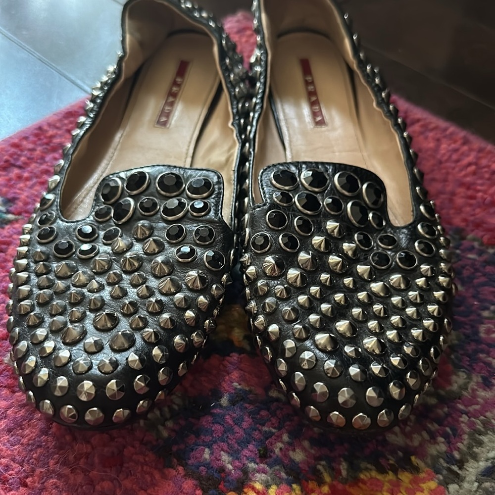 Prada Black Leather Crystal & Studded Embellishment Loafers - Size IT: 38